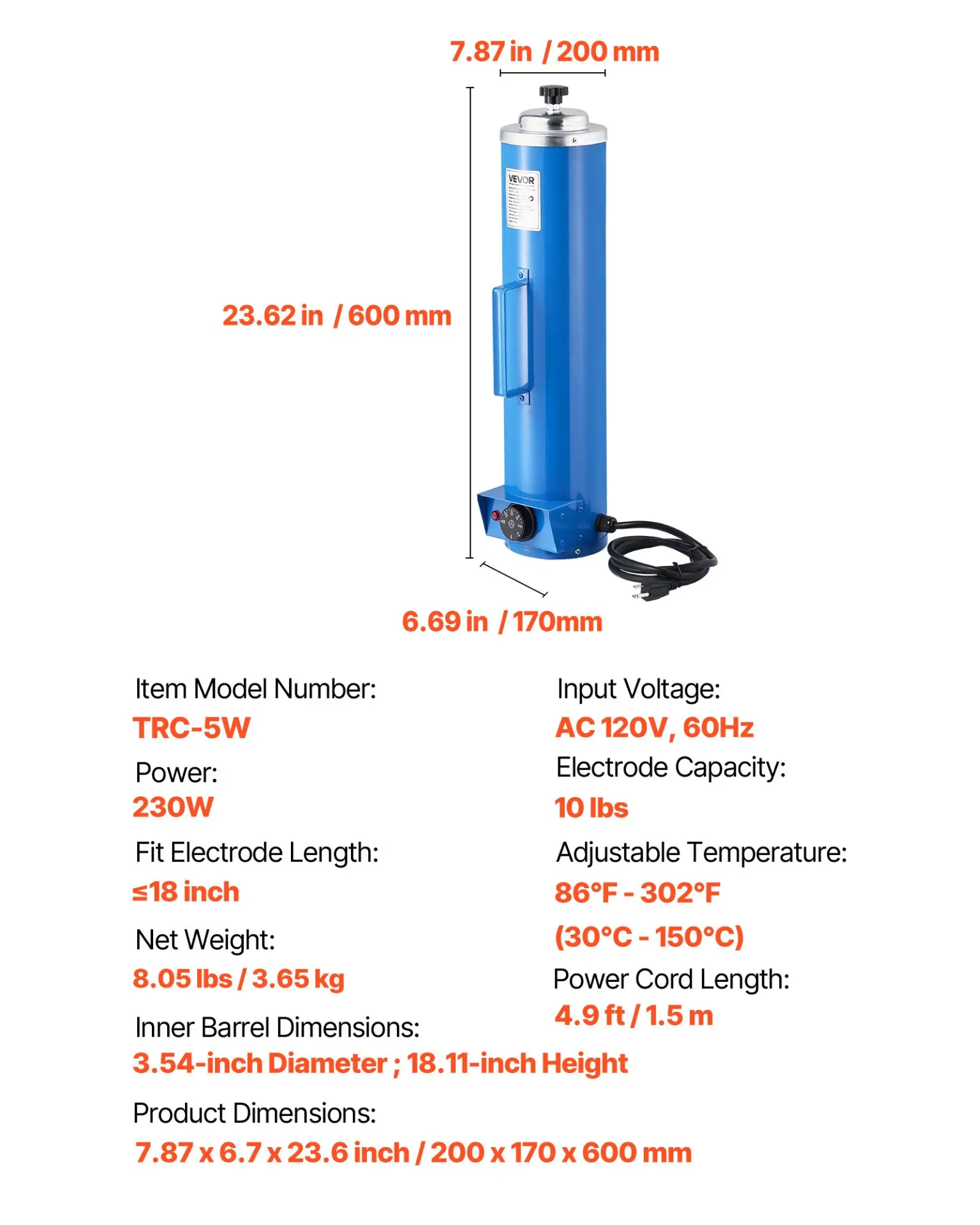 VEVOR Portable Welding Rod Oven, 10LBS Capacity Electrodes Drying Oven 230W 120V, 86 to 302 Adjustable Welding Rods Dryer for 18-inch Stick Electrodes - with Easy-to-Carry Side Handle - Image 6