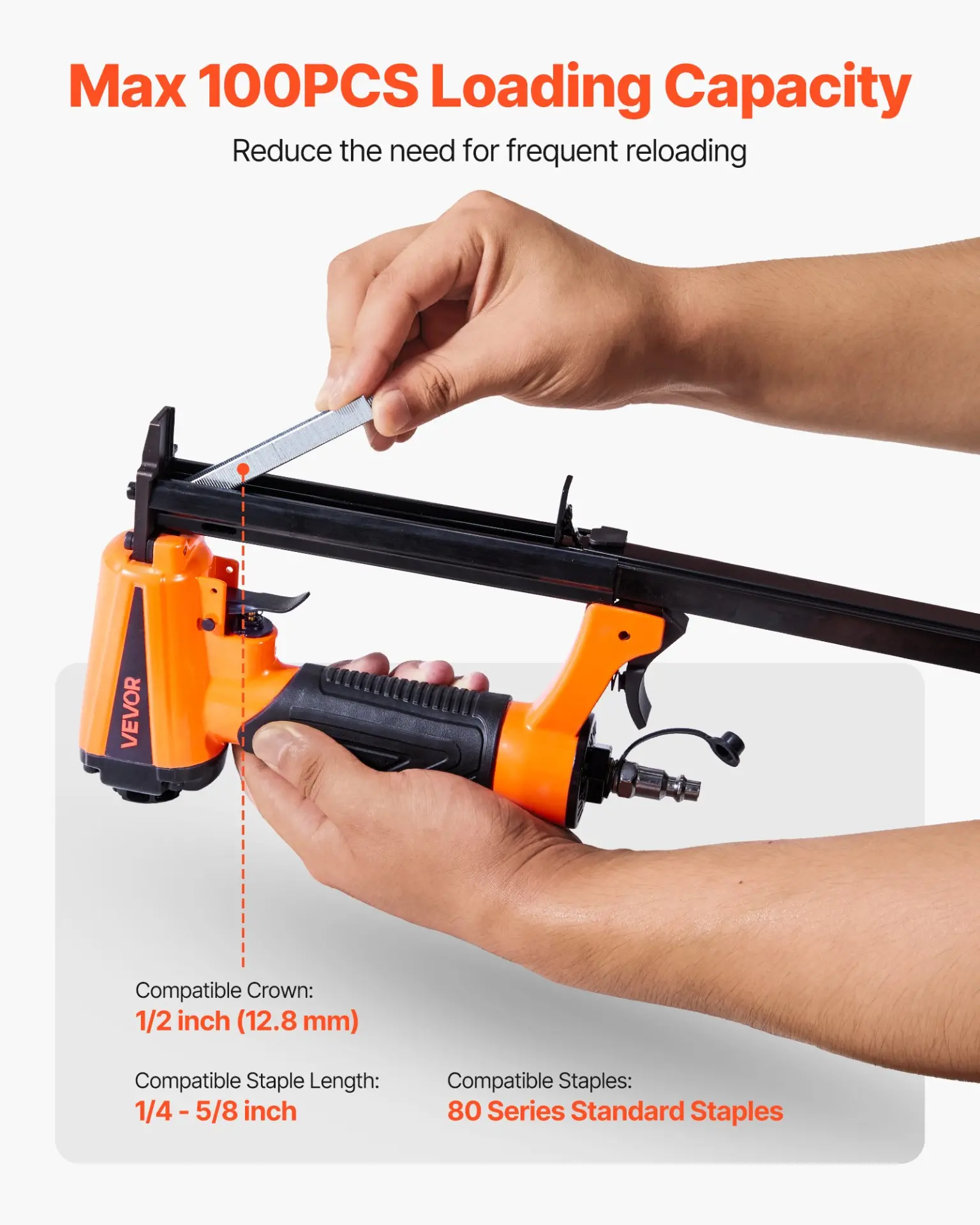 VEVOR Pneumatic Staple Gun, 21 Gauge Pneumatic Upholstery Stapler for 80 Series 1/2-inch Crown 1/4"-5/8" Length Staples, 70-110 PSI Air Staple Gun for Woodworking, Upholstering, Crafts, DIY Projects - Image 2