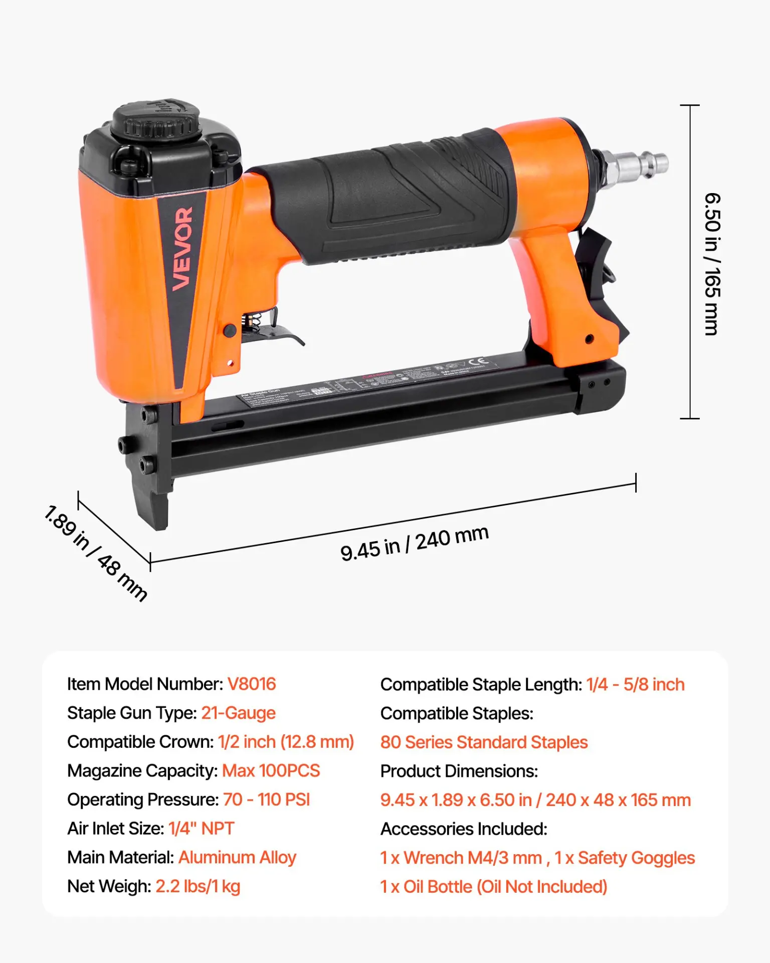 VEVOR Pneumatic Staple Gun, 21 Gauge Pneumatic Upholstery Stapler for 80 Series 1/2-inch Crown 1/4"-5/8" Length Staples, 70-110 PSI Air Staple Gun for Woodworking, Upholstering, Crafts, DIY Projects - Image 6