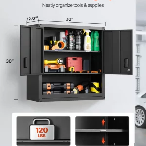VEVOR Metal Wall Cabinet, 30W x 12.01D x 30H Inch, Steel Floating Hanging Storage Cabinet with Locking Doors and Adjustable Shelf for Garage, Basement, Kitchen, Warehouse Assembly Required, Black
