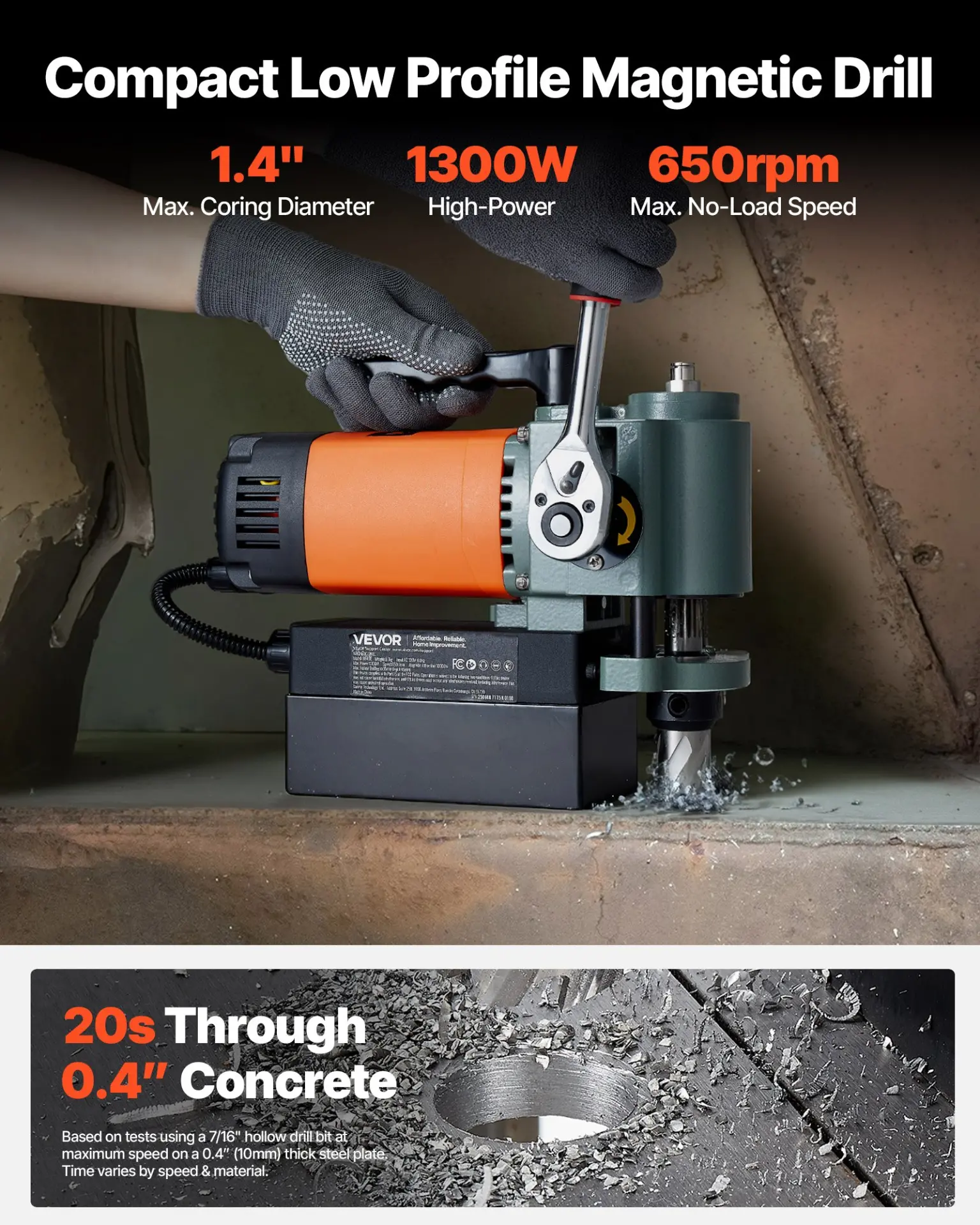 VEVOR 1300 W Taladro de Columna Magnetico Perfil Bajo, Taladro de Columna Portatil con Vastago Weldon 10000 N de Fuerza, 650 RPM de Velocidad, 35 mm de Diametro Interior para Superficies Metalicas