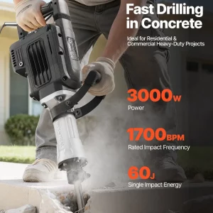 VEVOR Demolition Jack Hammer, 3000 W Powerful Electric Jackhammer, 1700 BPM Concrete Breaker with a Point Chisel, Carrying Case, Gloves, Goggles, for Concrete, Wall, Brick, Tile and Foundation