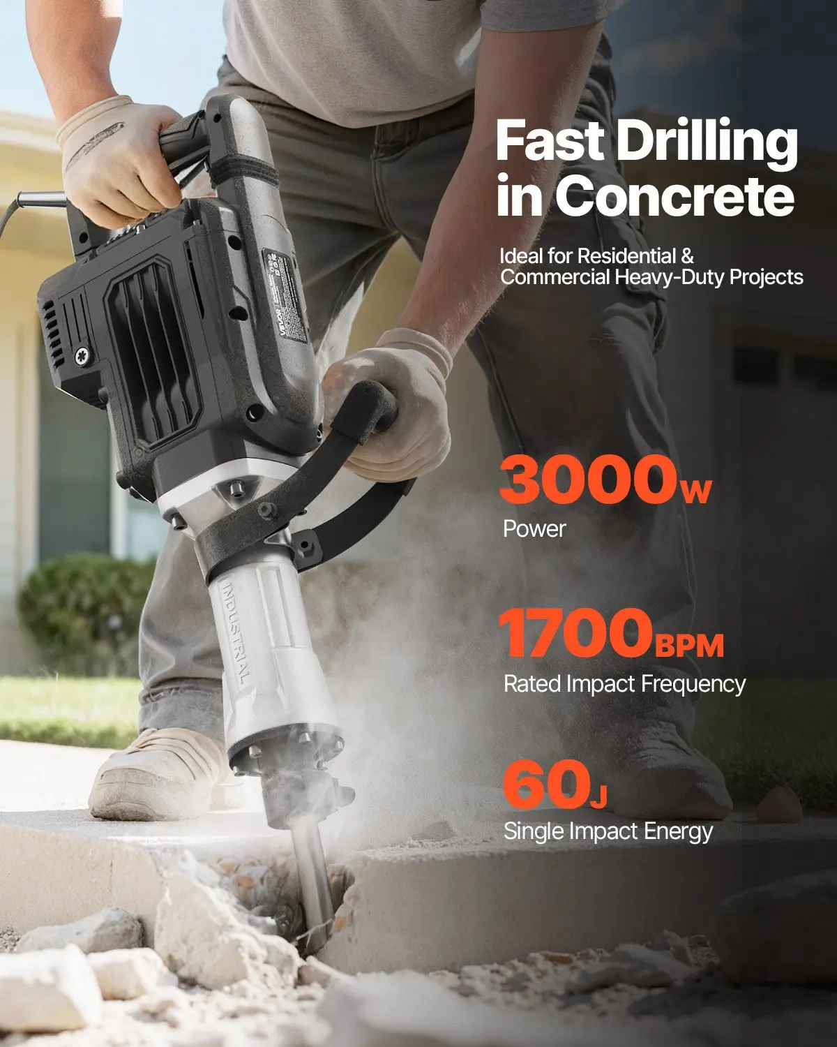 VEVOR Demolition Jack Hammer, 3000 W Powerful Electric Jackhammer, 1700 BPM Concrete Breaker with a Point Chisel, Carrying Case, Gloves, Goggles, for Concrete, Wall, Brick, Tile and Foundation