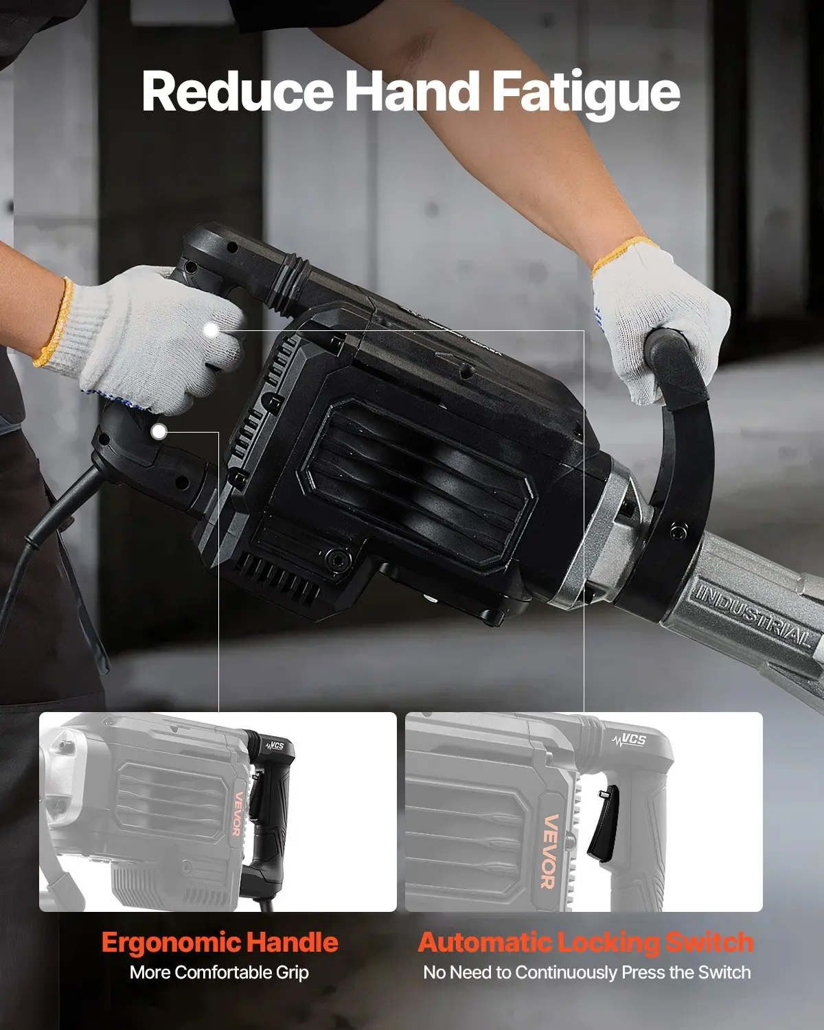 VEVOR Demolition Jack Hammer, 3000 W Powerful Electric Jackhammer, 1700 BPM Concrete Breaker with a Point Chisel, Carrying Case, Gloves, Goggles, for Concrete, Wall, Brick, Tile and Foundation - Image 3