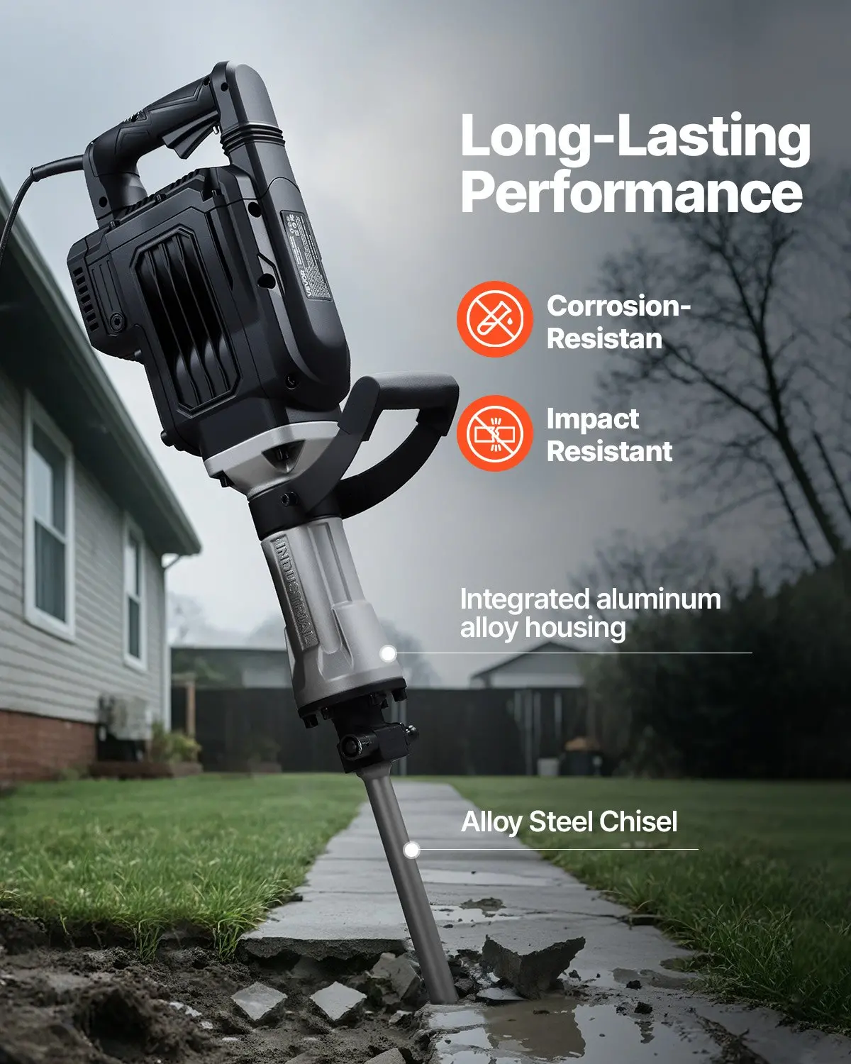 VEVOR Demolition Jack Hammer, 3000 W Powerful Electric Jackhammer, 1700 BPM Concrete Breaker with a Point Chisel, Carrying Case, Gloves, Goggles, for Concrete, Wall, Brick, Tile and Foundation - Image 4