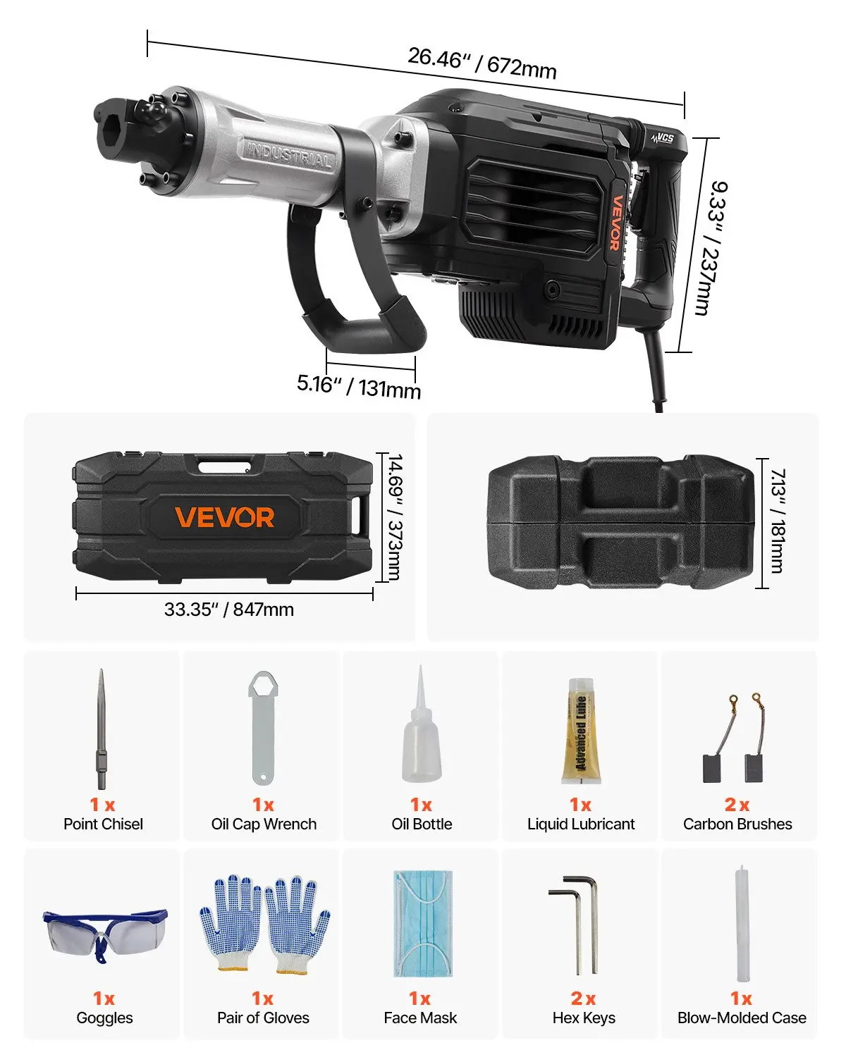 VEVOR Demolition Jack Hammer, 3000 W Powerful Electric Jackhammer, 1700 BPM Concrete Breaker with a Point Chisel, Carrying Case, Gloves, Goggles, for Concrete, Wall, Brick, Tile and Foundation - Image 6