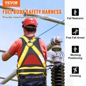 VEVOR Safety Harness, Full Body Harness, Safety Harness Fall Protection with Added Padding, and Side Rings and Dorsal D-Rings and a Lanyard, ANSI/ASSE Z359.11-2014, 160 lbs Max Weight, S